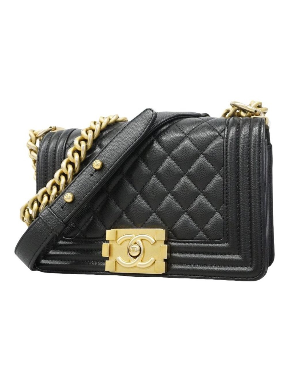 Chanel Shoulder Bag Boy Caviar Leather Black Gold